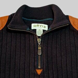 Orvis Men's Luxurious Wool Blend Brown Leather Trim Patches Sweater